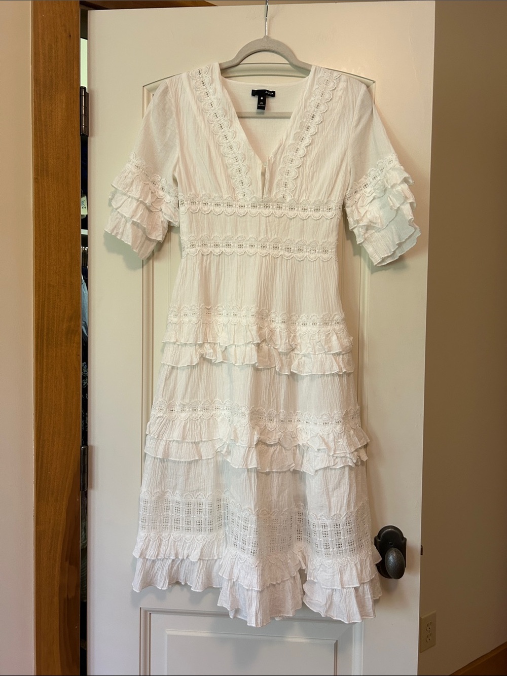 Aqua for Bloomingdale’s lace tiered elbow sleeve special occasion dress